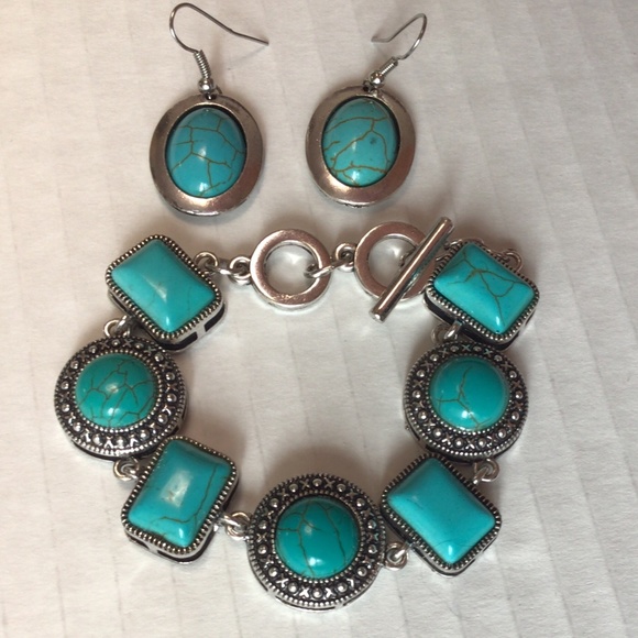 Jewelry - Vintage Style Faux Turquoise Silver Tone Filigree Bracelet and Earrings